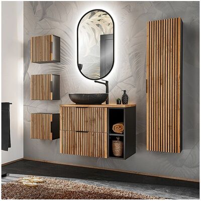 Petits-Meubles Ensemble meuble simple vasque 80cm 2 niches miroir LED colonne et 3 armoires murales Gaia Bois et Noir - Vasque Noir Petits-Meubles Ensemble meuble simple vasque 80cm 2 niches miroir LED colonne et 3 armoires murales Gaia Bois et Noir - Vasque Noir