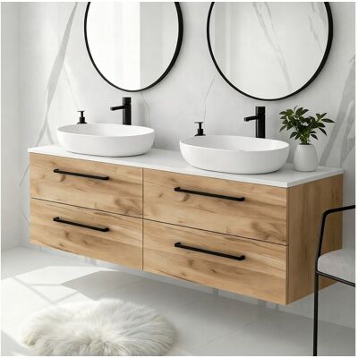 Meuble de salle de bain suspendu 120 cm avec tiroirs – chêne craft brillant – double vasque – ONE Meuble de salle de bain suspendu 120 cm avec tiroirs – chêne craft brillant – double vasque – ONE