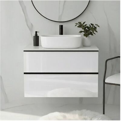 Meuble de salle de bain suspendu 80 cm avec lavabo – blanc brillant – 2 tiroirs – ONE Meuble de salle de bain suspendu 80 cm avec lavabo – blanc brillant – 2 tiroirs – ONE