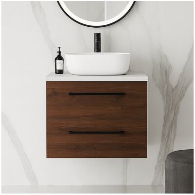 Meuble de salle de bain suspendu 80 cm avec lavabo – noyer – 2 tiroirs – ONE Meuble de salle de bain suspendu 80 cm avec lavabo – noyer – 2 tiroirs – ONE