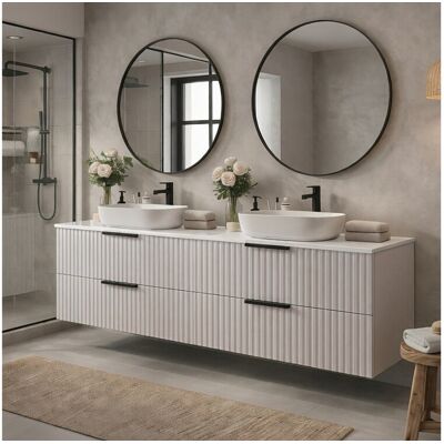 Meuble de salle de bain suspendu 120 cm avec lavabo - façade rainurée - couleur cachemire - 4 tiroirs - TIBU Meuble de salle de bain suspendu 120 cm avec lavabo - façade rainurée - couleur cachemire - 4 tiroirs - TIBU