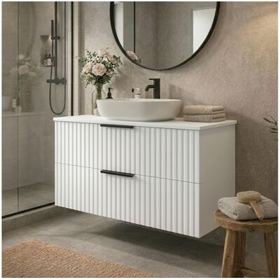 Meuble de salle de bain suspendu 60 cm avec lavabo - façade rainurée - blanc mat - 2 tiroirs - TIBU Meuble de salle de bain suspendu 60 cm avec lavabo - façade rainurée - blanc mat - 2 tiroirs - TIBU