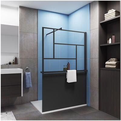Aica Paroi de douche 120x200cm style industriel + Étagère de Douche 120cm alu noir + 8mm verre anticalcaire + barre fixation 70-120cm Aica Paroi de douche 120x200cm style industriel + Étagère de Douche 120cm alu noir + 8mm verre anticalcaire + barre fixation 70-120cm