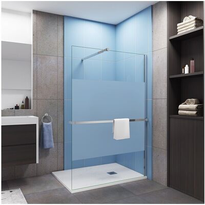 Aica Paroi de douche Chrome 140x200cm - verre 8mm bande central dépoli + barre de extensible de 73-120cm + Étagère de Douche 140cm en alu Aica Paroi de douche Chrome 140x200cm - verre 8mm bande central dépoli + barre de extensible de 73-120cm + Étagère de Douche 140cm en alu