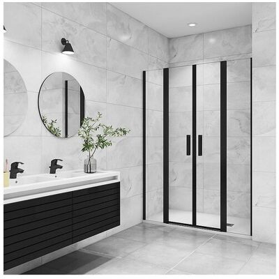 Aica Porte de douche battante 145x200cm avec 2 éléments fixes Profilé noir mat, Porte de douche Hauteur 200cm en verre anticalcaire Aica Porte de douche battante 145x200cm avec 2 éléments fixes Profilé noir mat, Porte de douche Hauteur 200cm en verre anticalcaire