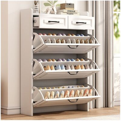 Merax Commode à chaussures 3 grands abattants et 2 tiroirs - Poignées en métal - Coloris blanc - 80 x 23.5 x 125 cm Merax Commode à chaussures 3 grands abattants et 2 tiroirs - Poignées en métal - Coloris blanc - 80 x 23.5 x 125 cm