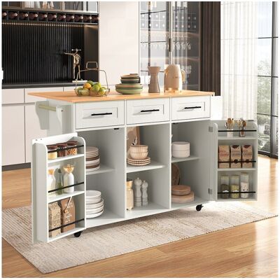 Merax Ilot central de cuisine mobile avec 2 portes et 3 tiroirs - plateau extensible - 129x46/71x91,5 cm - Bois MDF + métal - Blanc + naturel Merax Ilot central de cuisine mobile avec 2 portes et 3 tiroirs - plateau extensible - 129x46/71x91,5 cm - Bois MDF + métal - Blanc + naturel