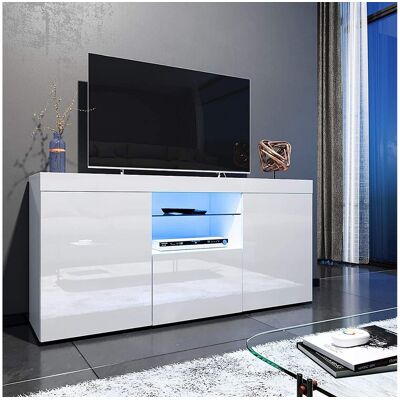 DripeX Meuble TV Blanc Brillant avec LED Lumière, 3 Portes, Etagère en Verre, Banc TV Moderne, Buffet Salon, 135x35x70cm DripeX Meuble TV Blanc Brillant avec LED Lumière, 3 Portes, Etagère en Verre, Banc TV Moderne, Buffet Salon, 135x35x70cm