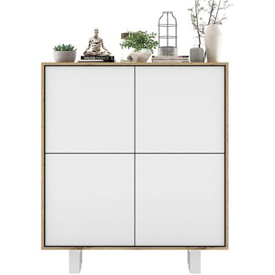 Buffet bicolore 4 portes, effet chêne et blanc mat, pieds métal blanc, 113 cm - APOLLO Buffet bicolore 4 portes, effet chêne et blanc mat, pieds métal blanc, 113 cm - APOLLO