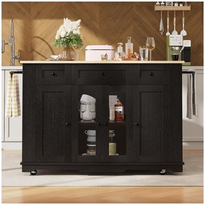 Merax Ilot central de cuisine mobile avec 4 portes, 3 tiroirs et étagères latérales - Plateau extensible - 151.5x60(85)x91.7 cm - MDF + verre - Noir Merax Ilot central de cuisine mobile avec 4 portes, 3 tiroirs et étagères latérales - Plateau extensible - 151.5x60(85)x91.7 cm - MDF + verre - Noir