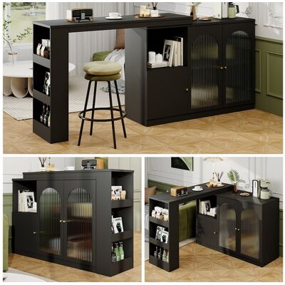 Merax Meuble de bar pivotant - 3 portes et étagères de rangement - Bois MDF et verre - pour salle à manger ou salon - Noir Merax Meuble de bar pivotant - 3 portes et étagères de rangement - Bois MDF et verre - pour salle à manger ou salon - Noir