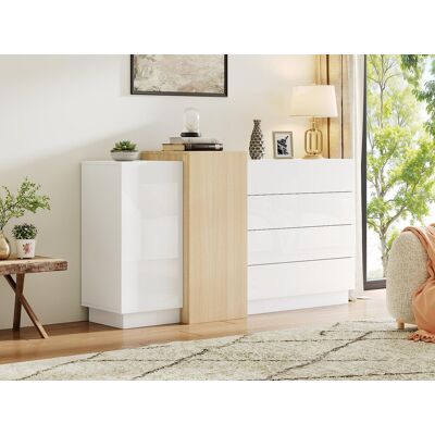 ModernLuxe Buffet brillant 140x35x81cm - avec 2 portes - avec 4 tiroirs - MDF - blanc ModernLuxe Buffet brillant 140x35x81cm - avec 2 portes - avec 4 tiroirs - MDF - blanc