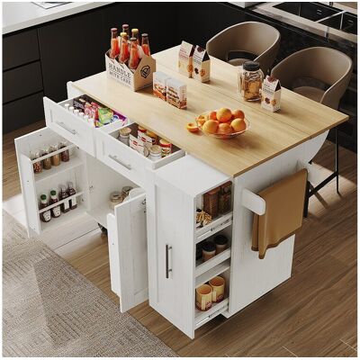 ModernLuxe Ilot central de cuisine - chariot à roulette avec plateau escamotable - 2 tiroirs et 2 portes - Blanc ModernLuxe Ilot central de cuisine - chariot à roulette avec plateau escamotable - 2 tiroirs et 2 portes - Blanc