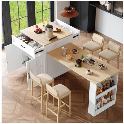 Merax Ilot central de cuisine, table à manger 4 à 6 couverts - 2 tiroirs, 2 portes et étagères - 133/202 x 70 x 93.5 cm - MDF - Blanc Merax Ilot central de cuisine, table à manger 4 à 6 couverts - 2 tiroirs, 2 portes et étagères - 133/202 x 70 x 93.5 cm - MDF - Blanc