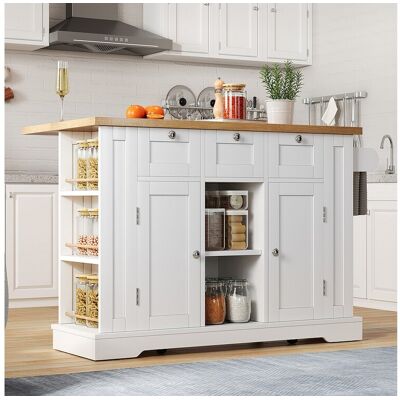 Merax Ilot central de cuisine mobile avec 3 tiroirs, 2 portes et étagères - plateau extensible - 132 x 40/70 x 87 cm - Bois MDF - Blanc + naturel Merax Ilot central de cuisine mobile avec 3 tiroirs, 2 portes et étagères - plateau extensible - 132 x 40/70 x 87 cm - Bois MDF - Blanc + naturel