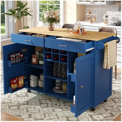 Merax Ilot central de cuisine mobile avec 2 tiroirs, 2 portes et casier à vin 6 bouteuille - 102x45x92cm - MDF et métal - Bleu Merax Ilot central de cuisine mobile avec 2 tiroirs, 2 portes et casier à vin 6 bouteuille - 102x45x92cm - MDF et métal - Bleu