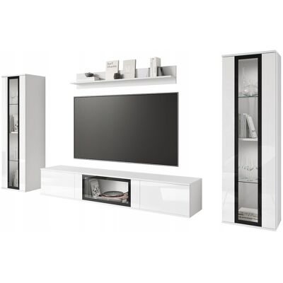Ensemble mural moderne pour salon – 2 vitrines et meuble TV 180 cm, corps blanc mat façades blanc brillant Ensemble mural moderne pour salon – 2 vitrines et meuble TV 180 cm, corps blanc mat façades blanc brillant