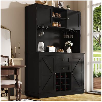 ModernLuxe Buffet de cuisine - 4 portes et 2 tiroirs - Étagères et casiers à vin réglables - Noir ModernLuxe Buffet de cuisine - 4 portes et 2 tiroirs - Étagères et casiers à vin réglables - Noir