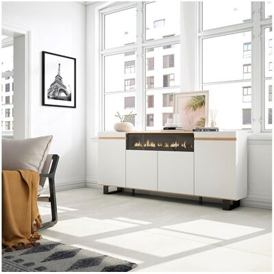 Skraut Home Buffet salon et cuisine, 200x35x87cm, 4 Portes, Cheminée électrique, Design industriel, Blanc et Chêne Soft Skraut Home Buffet salon et cuisine, 200x35x87cm, 4 Portes, Cheminée électrique, Design industriel, Blanc et Chêne Soft
