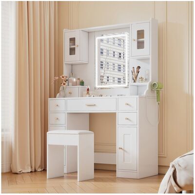 Merax Ensemble de coiffeuse - 105 x 40 x 152 cm - maquillage avec Leds + miroir + tabouret + 6 tiroirs + 4 portes - MDF - blanc Merax Ensemble de coiffeuse - 105 x 40 x 152 cm - maquillage avec Leds + miroir + tabouret + 6 tiroirs + 4 portes - MDF - blanc