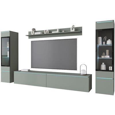 Ensemble moderne de meubles de salon 4 éléments – meuble TV 180 cm, 2 vitrines et étagère – mur TV vert brume mat, autoportant ou suspendu Ensemble moderne de meubles de salon 4 éléments – meuble TV 180 cm, 2 vitrines et étagère – mur TV vert brume mat, autoportant ou suspendu