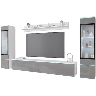 Ensemble moderne de meubles de salon 4 éléments, meuble TV 180 cm, 2 vitrines et étagère, corps blanc mat, façades gris brillant, autoportant ou suspendu Ensemble moderne de meubles de salon 4 éléments, meuble TV 180 cm, 2 vitrines et étagère, corps blanc mat, façades gris brillant, autoportant ou suspendu