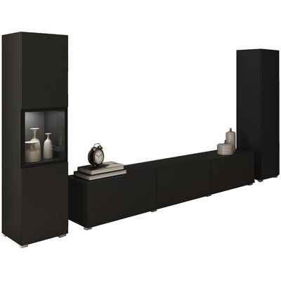 Mur TV moderne ensemble suspendu et posé 3 pièces avec meuble TV 180 cm vitrine et colonne noir mat Mur TV moderne ensemble suspendu et posé 3 pièces avec meuble TV 180 cm vitrine et colonne noir mat