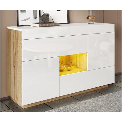 ModernLuxe Buffet brillant 120x37x76.5 cm - Éclairage LED - 2 tiroirs et 2 portes - Étagères ouvertes - Blanc + Naturel ModernLuxe Buffet brillant 120x37x76.5 cm - Éclairage LED - 2 tiroirs et 2 portes - Étagères ouvertes - Blanc + Naturel