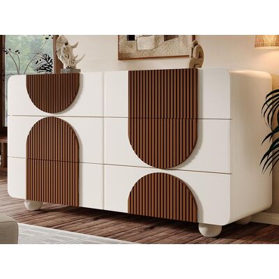 ModernLuxe Buffet moderne 121x41x71cm - avec 6 tiroirs coulissants silencieux - conception géométrique - avec des lattes en bois marron chocolat - Blanc + Marron ModernLuxe Buffet moderne 121x41x71cm - avec 6 tiroirs coulissants silencieux - conception géométrique - avec des lattes en bois marron chocolat - Blanc + Marron