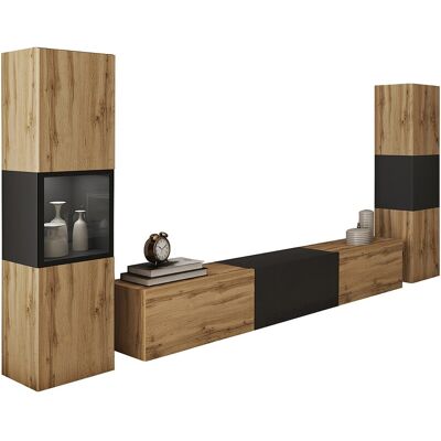 Mural de salon moderne avec éclairage LED, ensemble suspendu et posé avec meuble TV 180 cm, vitrine et colonne, corps chêne wotan, insert noir mat Mural de salon moderne avec éclairage LED, ensemble suspendu et posé avec meuble TV 180 cm, vitrine et colonne, corps chêne wotan, insert noir mat