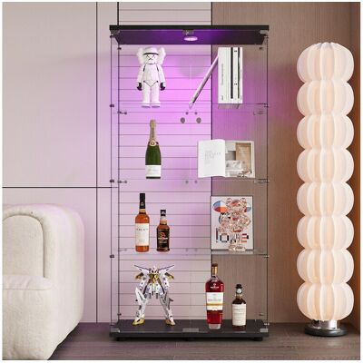 Vitrine en verre sur pied, LED, 2 portes avec serrure, 4 compartiments, pour collections et déco Vitrine en verre sur pied, LED, 2 portes avec serrure, 4 compartiments, pour collections et déco