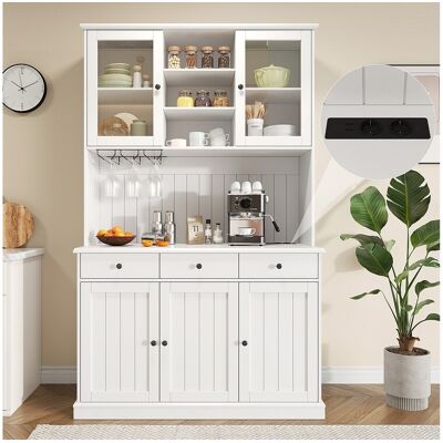 Merax Buffet haute de salle à manger - 120 x 40 x 191 cm - avec portes vitrées + porte-verres + USB + 3 tiroirs - MDF - blanc Merax Buffet haute de salle à manger - 120 x 40 x 191 cm - avec portes vitrées + porte-verres + USB + 3 tiroirs - MDF - blanc