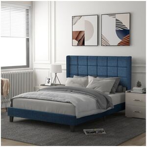 ModernLuxe Lit rembourré en tissu de lin - 140x200cm - avec tête de lit et sommier à lattes - Bleu ModernLuxe Lit rembourré en tissu de lin - 140x200cm - avec tête de lit et sommier à lattes - Bleu