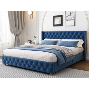 ModernLuxe Lit double rembourré en velours 160x200cm avec sommier à lattes - Bleu ModernLuxe Lit double rembourré en velours 160x200cm avec sommier à lattes - Bleu