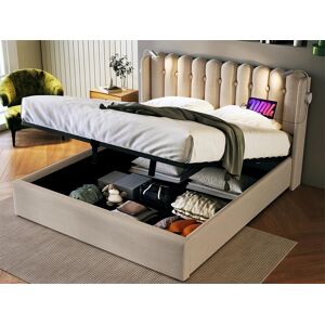 Merax Lit coffre avec tête de lit- 160 x 200 cm - lampe de lecture et prise USB - tissu en lin - coloris naturel Merax Lit coffre avec tête de lit- 160 x 200 cm - lampe de lecture et prise USB - tissu en lin - coloris naturel