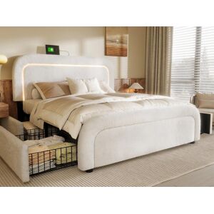 ModernLuxe Lit double rembourré en sherpa avec 4 tiroirs - 140x200cm - avec LED et ports de charge - Blanc ModernLuxe Lit double rembourré en sherpa avec 4 tiroirs - 140x200cm - avec LED et ports de charge - Blanc