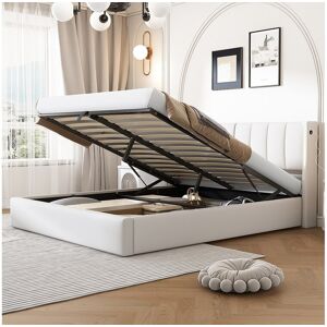 Merax Lit coffre binaural avec tête de lit réglable - 160 x 200 cm - Cuir PU - LEDs et USB - Sommier à lattes - Blanc Merax Lit coffre binaural avec tête de lit réglable - 160 x 200 cm - Cuir PU - LEDs et USB - Sommier à lattes - Blanc