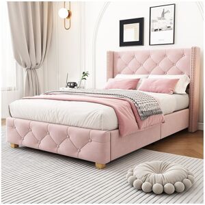 Merax Lit capitonné 90 x 200 cm avec tête de lit - velours - décor avec boutons et rivets - rose Merax Lit capitonné 90 x 200 cm avec tête de lit - velours - décor avec boutons et rivets - rose