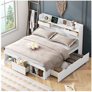 Merax Lit double 140 x 200 cm avec 5 tiroirs, prise USB & niches de rangement - bois de pin - coloris blanc Merax Lit double 140 x 200 cm avec 5 tiroirs, prise USB & niches de rangement - bois de pin - coloris blanc