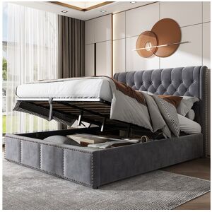 Merax Lit coffre 160 x 200 cm avec tête de lit - velours - décor avec boutons - coloris gris Merax Lit coffre 160 x 200 cm avec tête de lit - velours - décor avec boutons - coloris gris
