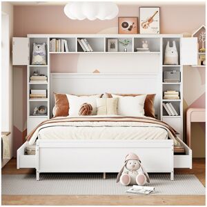 Lit 140x200cm, Cadre de lit, avec 4 tiroirs et grand placard de rangement, lit double en bois massif avec sommier à lattes, blanc Lit 140x200cm, Cadre de lit, avec 4 tiroirs et grand placard de rangement, lit double en bois massif avec sommier à lattes, blanc