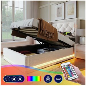 Merax Lit coffre 90 x 200 cm avec tête de lit - Prises USB et Type-C - LEDs - Tissu en coton - Beige (sans matelas) Merax Lit coffre 90 x 200 cm avec tête de lit - Prises USB et Type-C - LEDs - Tissu en coton - Beige (sans matelas)