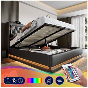 Merax Lit coffre 160 x 200 cm avec tête de lit - Prises USB et Type-C - LEDs - Cuir PU - Noir (sans matelas) Merax Lit coffre 160 x 200 cm avec tête de lit - Prises USB et Type-C - LEDs - Cuir PU - Noir (sans matelas)
