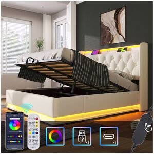 Merax Lit coffre 160 x 200 cm avec tête de lit rangement - Prises USB et LEDs - Cuir PU - Motif boutons - Blanc (sans matelas) Merax Lit coffre 160 x 200 cm avec tête de lit rangement - Prises USB et LEDs - Cuir PU - Motif boutons - Blanc (sans matelas)