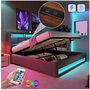 Merax Lit coffre 140 x 200 cm avec tête de lit rangement - Prise USB et LEDs - Tissu en lin - Gris - Sans matelas Merax Lit coffre 140 x 200 cm avec tête de lit rangement - Prise USB et LEDs - Tissu en lin - Gris - Sans matelas