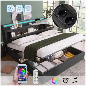 Merax Lit coffre 140 x 200 cm avec tête de lit rangement - Eclairage LED et chargement USB - Tissu en lin - Gris Merax Lit coffre 140 x 200 cm avec tête de lit rangement - Eclairage LED et chargement USB - Tissu en lin - Gris