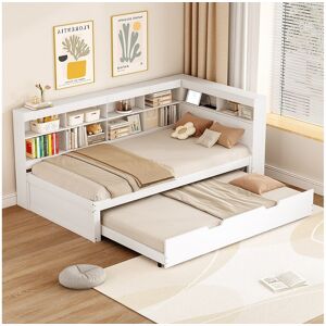 Merax Lit gigogne 90 x 200 cm + 90 x 190 cm avec prise USB et compartiment de rangements - bois de pin + MDF - Blanc (sans matelas) Merax Lit gigogne 90 x 200 cm + 90 x 190 cm avec prise USB et compartiment de rangements - bois de pin + MDF - Blanc (sans matelas)