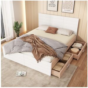 Merax Lit 180 x 200 cm avec tête de lit et 2 tiroirs - Bois massif + MDF - Sommier à lattes - Chêne/blanc (sans matelas) Merax Lit 180 x 200 cm avec tête de lit et 2 tiroirs - Bois massif + MDF - Sommier à lattes - Chêne/blanc (sans matelas)