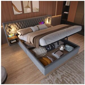 Merax Lit coffre 180 x 200 cm avec tête de lit et 2 tables de chevet - lampe de lecture et prises USB - Velours - Gris (sans matelas) Merax Lit coffre 180 x 200 cm avec tête de lit et 2 tables de chevet - lampe de lecture et prises USB - Velours - Gris (sans matelas)