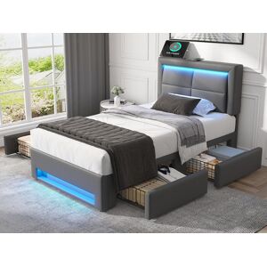 ModernLuxe Lit avec tiroirs 90x200 cm en similicuir - avec LED et ports de recharge (filaire & sans fil) - Gris ModernLuxe Lit avec tiroirs 90x200 cm en similicuir - avec LED et ports de recharge (filaire & sans fil) - Gris
